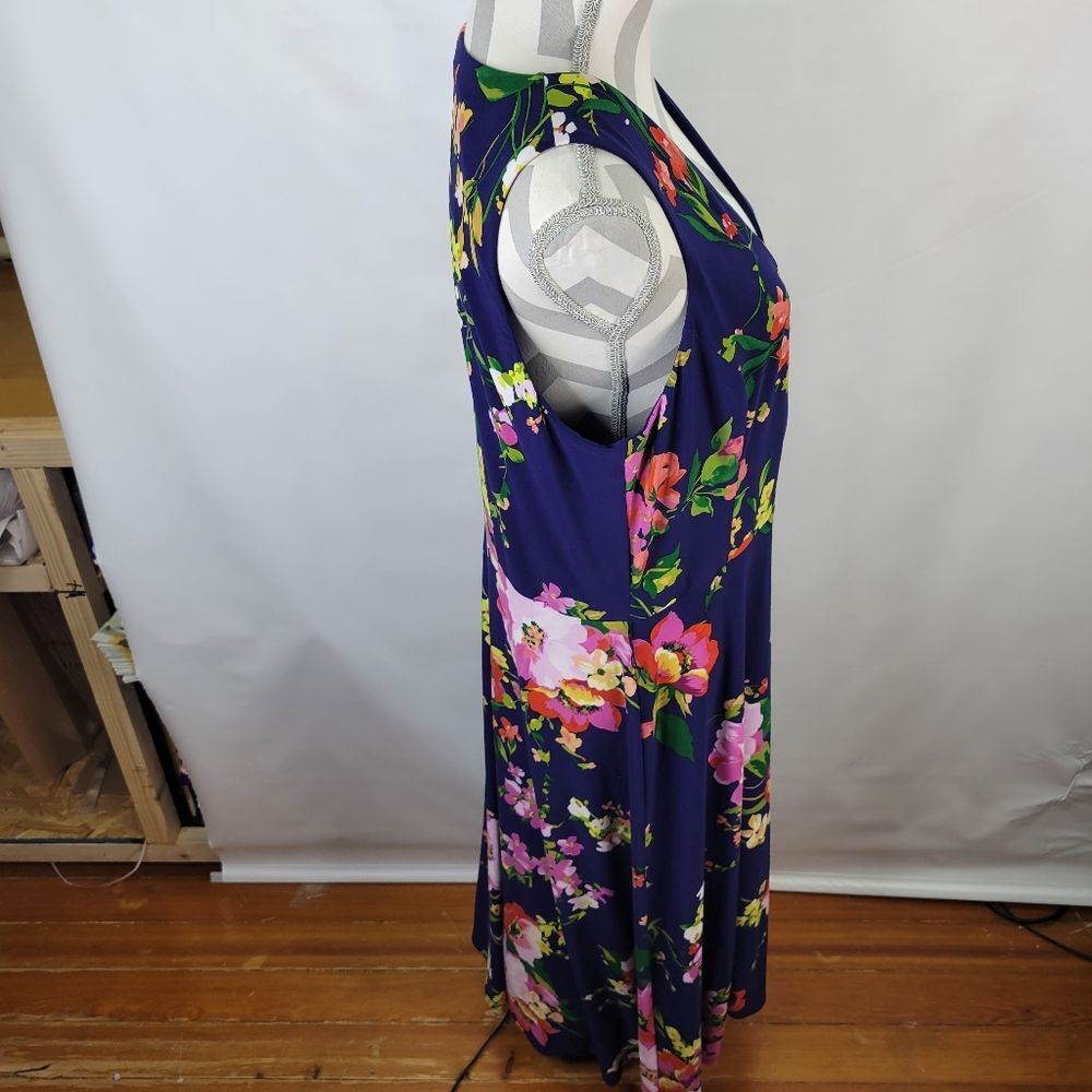 Lauren Ralph Lauren Faux Wrap Navy Floral Sleeveless Midi Dress Side Zip Size 16 - Picture 9 of 12